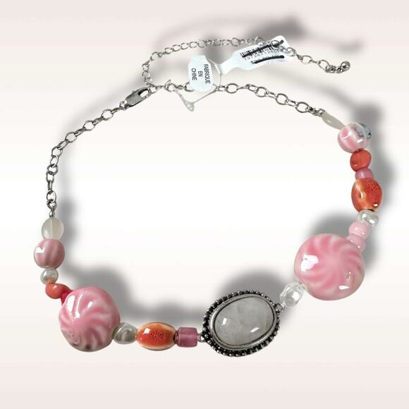 Free People Bohemian Chunky Agnes Choker Silver Pink Beach Boho NWT HTF Layering - Picture 5 of 14